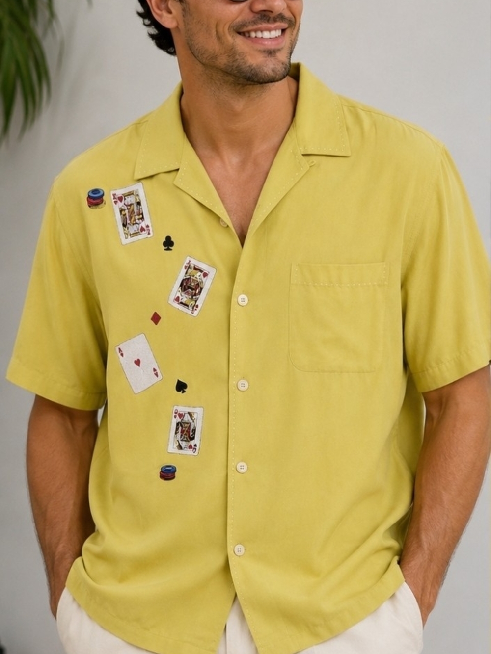 Nat Nast Yellow Short-Sleeve Button-Down Shirt with Playing Card Embroidery